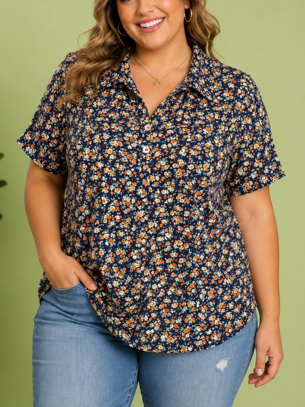 Women's Navy Floral Button-Front Blouse - Orange Floral Print XL